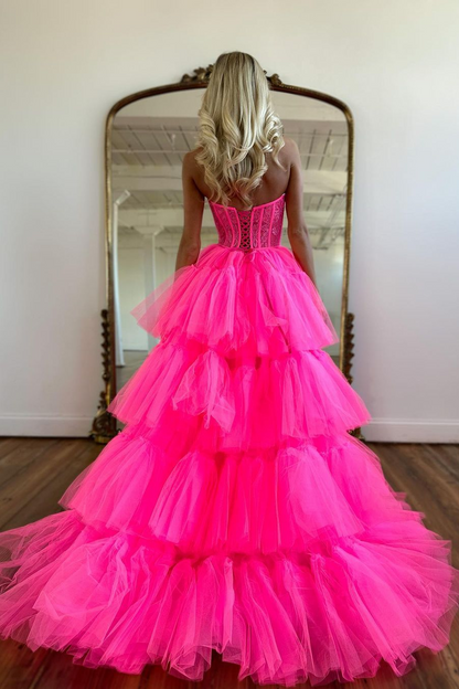 Beautiful Rose Prom Dress With Sleeveless Gown Tulle Train YL0113