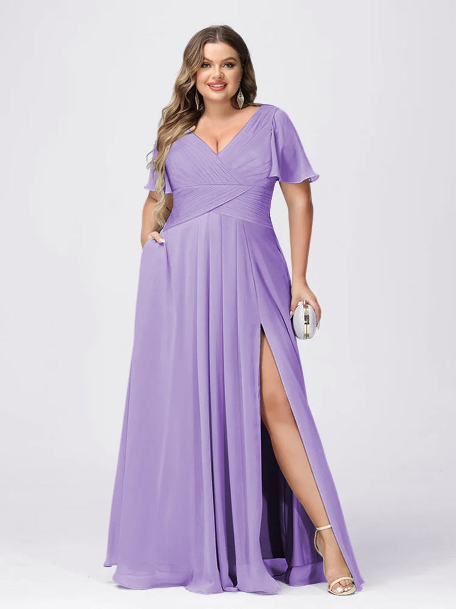 A Line/Princess V-Neck Short Sleeves Plus Size Bridesmaid Dresses with Split Side