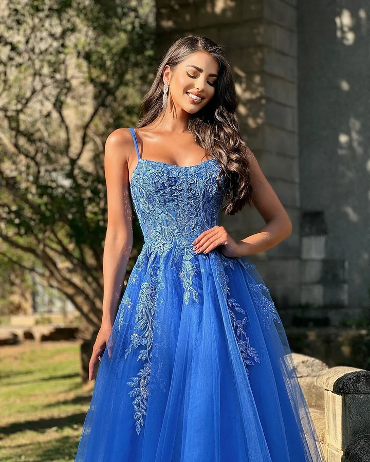 Blue Embroidered Spaghetti Straps Tulle Prom Dress ZT0087