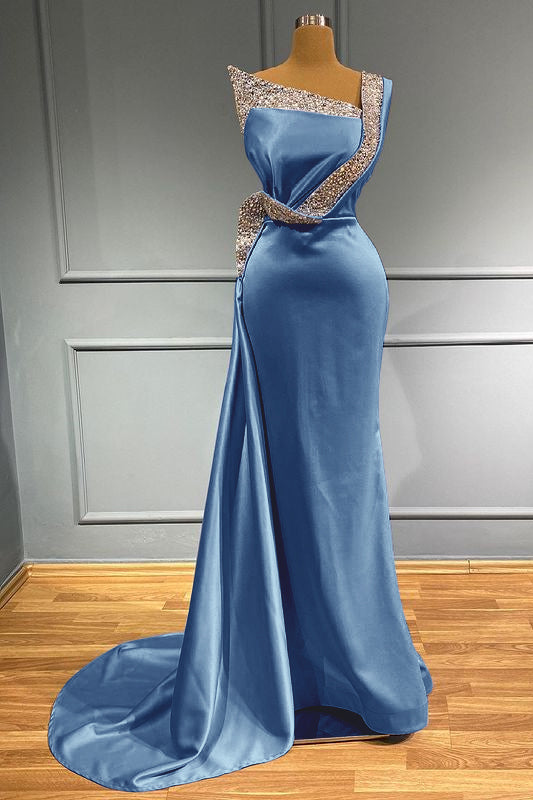 Light Blue One-Shoulder Sleeveless Long Beads Mermaid Prom Dress With Ruffles ED0076