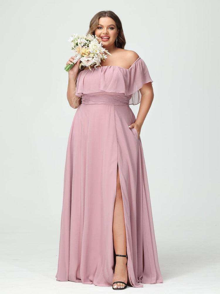 A-Line/Princess Off-the-Shoulder Short Sleeves Chiffon Plus Size Bridesmaid Dresses with Pockets & Split Side