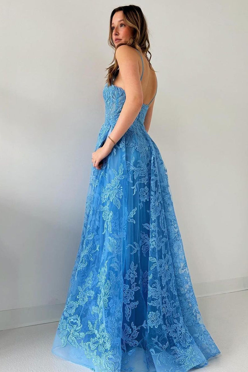 Blue Spaghetti Straps Tulle Appliques Long Prom Dresses