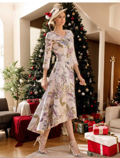 A-Line/Princess V-Neck 3/4 Sleeves Asymmetrical Printed Flower Mother of the Bride & Groom Dresses