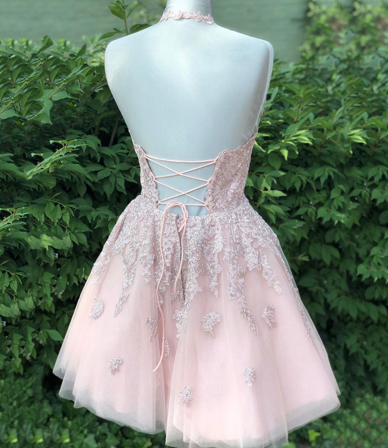 Pink lace short A line prom dress homecoming dress  8875