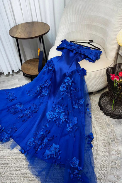 edgynewlook Chic Royal Blue SatinOff the Shoulder Strapless Long Prom Dress with Flowers