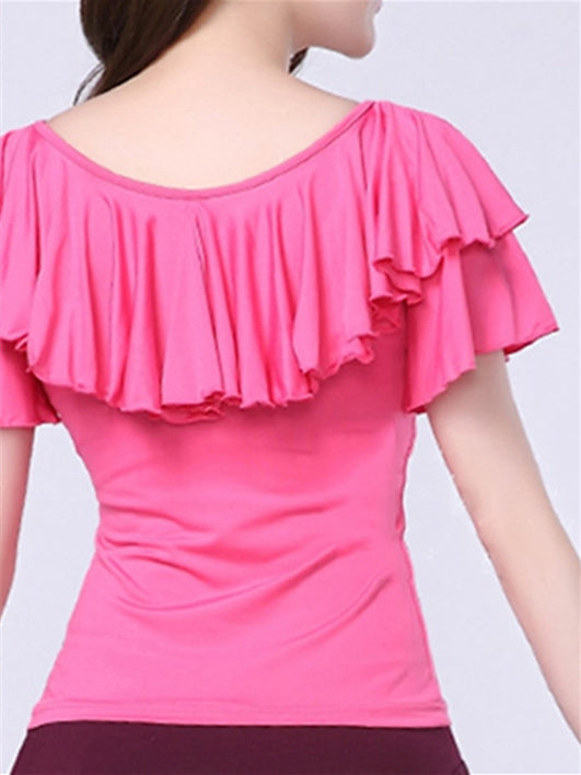 Women's Latin Dance Ballroom Dance Milk Fiber Ruffles Pure Color Short Sleeve Round