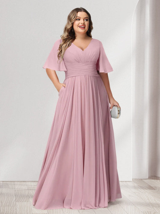 A-Line/Princess V-Neck Half Sleeves Chiffon Plus Size Bridesmaid Dresses with Pockets