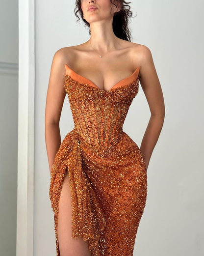 Luxurious Orange Strapless Prom Dress Sequins Split Dress LY0034