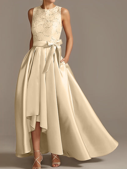 A-Line/Princess Jewel Neck Sleeveless Asymmetrical Mother Of The Bride Dresses With Pleats