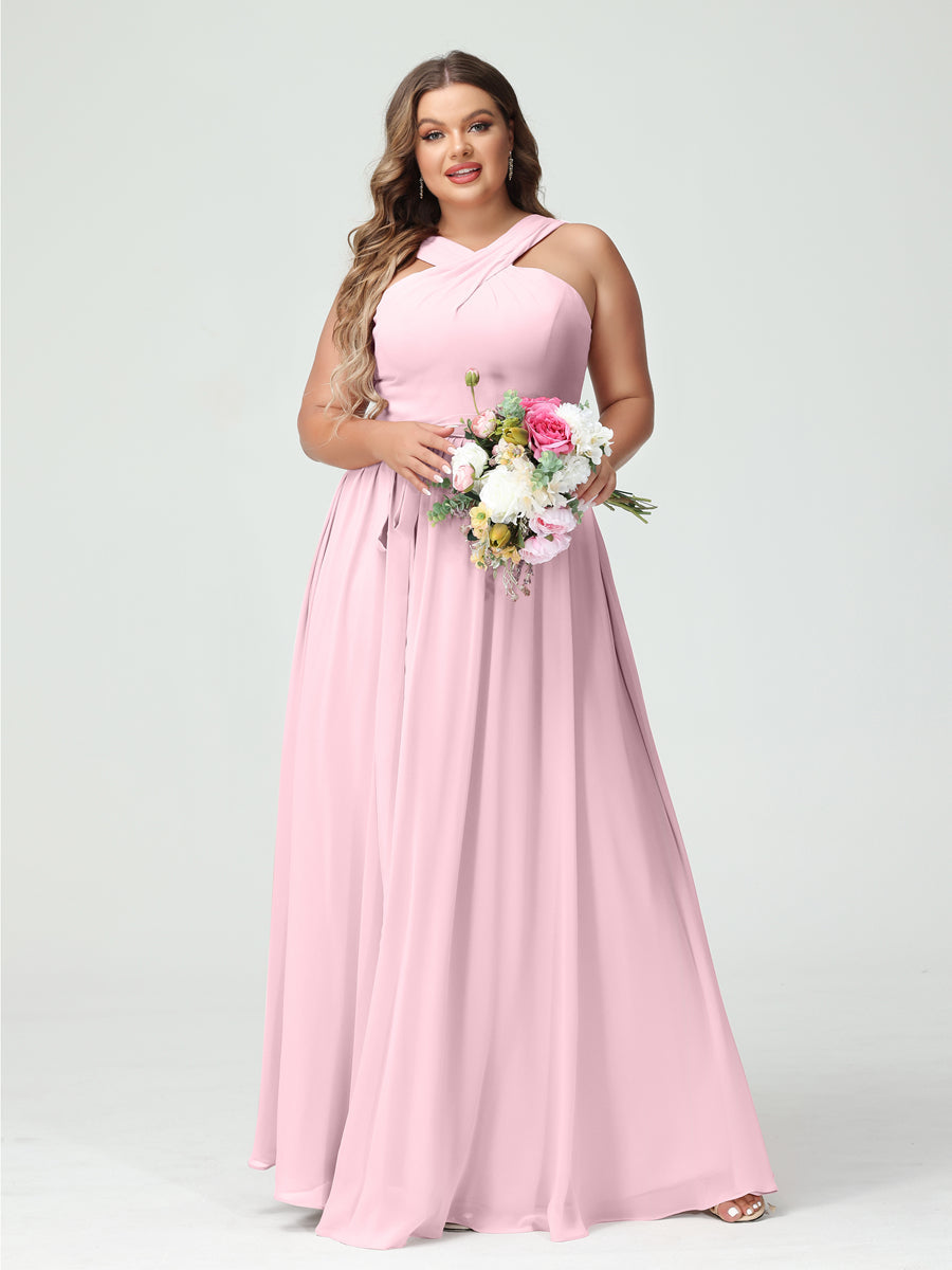 A-Line/Princess/Princess Criss Cross Sleeveless Chiffon Plus Size Bridesmaid Dresses with Sash