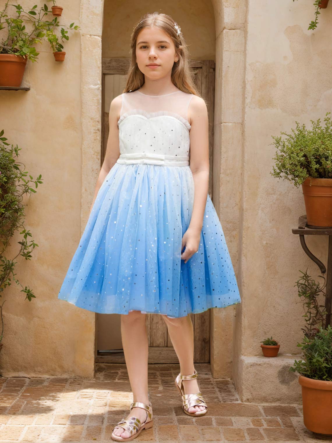 Ball-Gown/Princess Tulle Knee-length Blue Flower Girl Dress