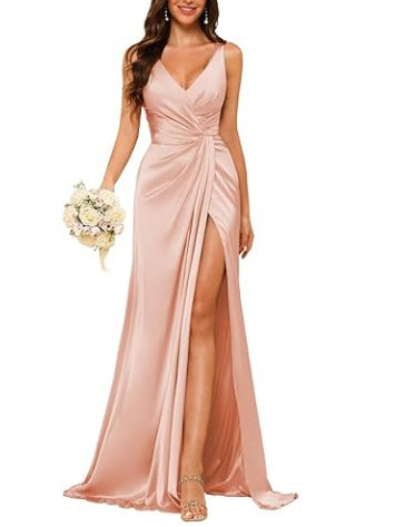 Sheath V-Neck Sleeveless Floor-Length Bridesmaid Dress with Ruched