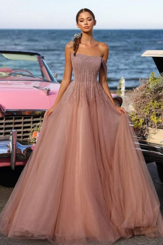 Vintage Mauve One Shoulder Sequins Mesh Prom Dress ZT0171