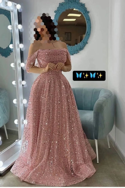 Luxurious Pink Off-The-Shoulder Sequins Prom Dress ZT0513