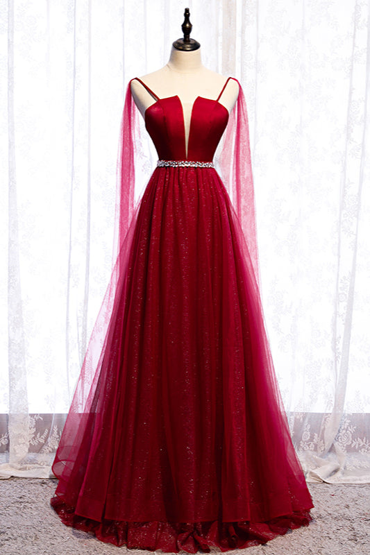 Edgynewlook Burgundy Spagetti-Strap Sleeveless Prom Dress Tulle Ruffles with Beadings