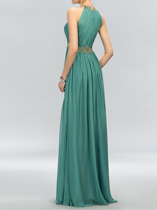 A-Line/Princess Sleeveless Halter Neck Floor-Length Evening Dress