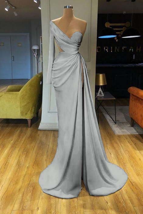 edgynewlook White Long Sleeve Sweetheart Mermaid Prom Dress One Shoulder With Split