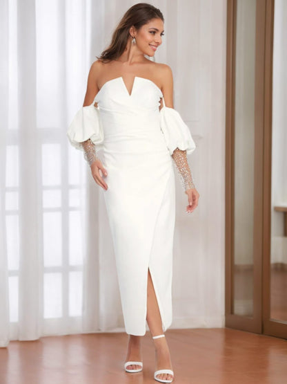 Sheath/Column V-Neck Half Sleeves Ankle Length Wedding Dress with Lace & Split Side