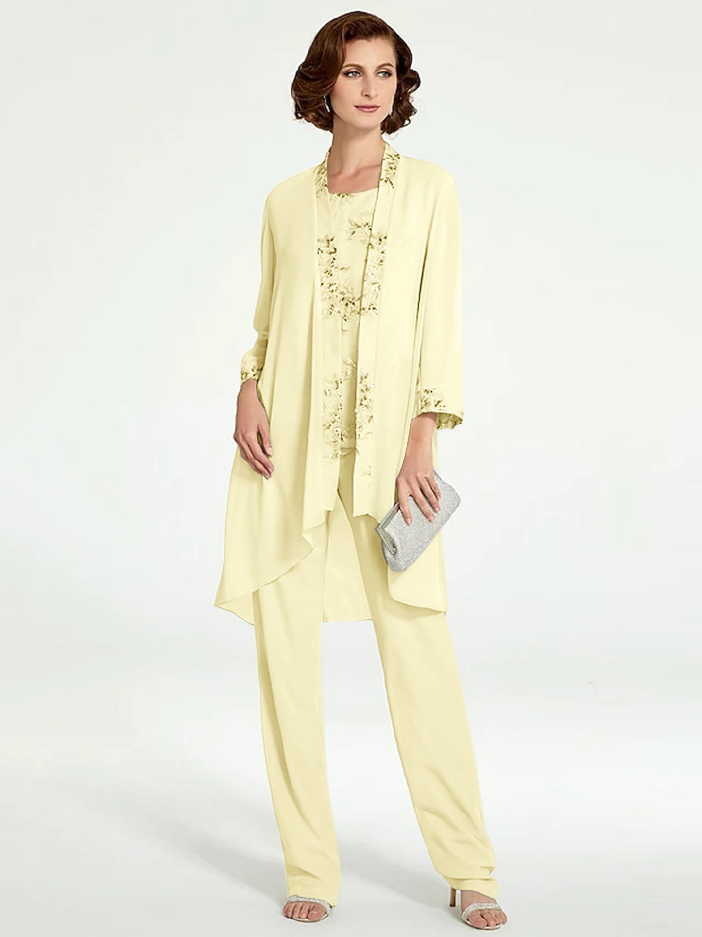 Chiffon Round Neck Floor-Length Mother of the Bride Pantsuits with Jacket