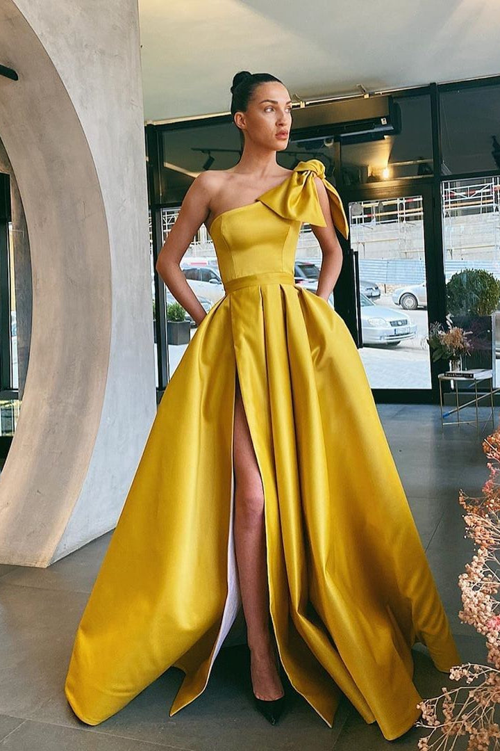 Yellow One-Shoulder Prom Dress Split With Pockets PD0868