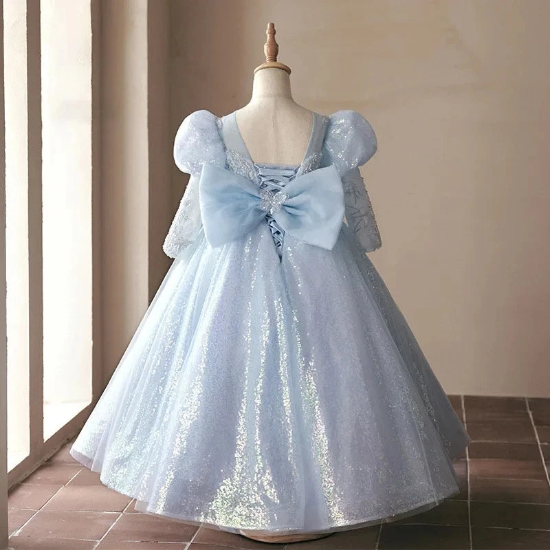 Long Sleeves Ball Gown Beading Appliques Shinning Girl Party Dress with Bow