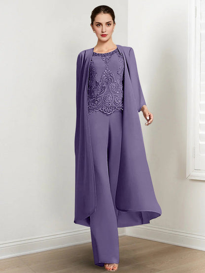 Chiffon Round Neck Floor-Length Mother Of The Bride Pantsuits With Jacket & Applique