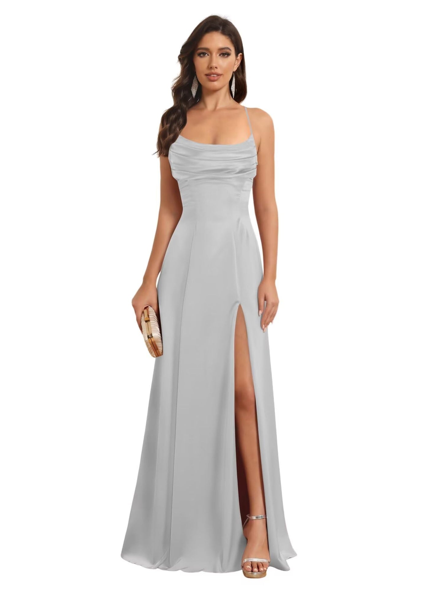 A-Line Spaghetti Straps Sleeveless Floor Length Bridesmaid Dresses Satin With Split Slide