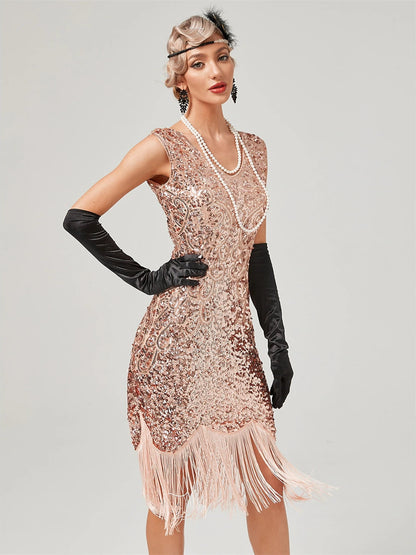 A-Line/Princess Jewel Neck Off-the-Shoulder Sleeveless Knee-Length Vintage Dress with Sequins &  Tassel Fringe