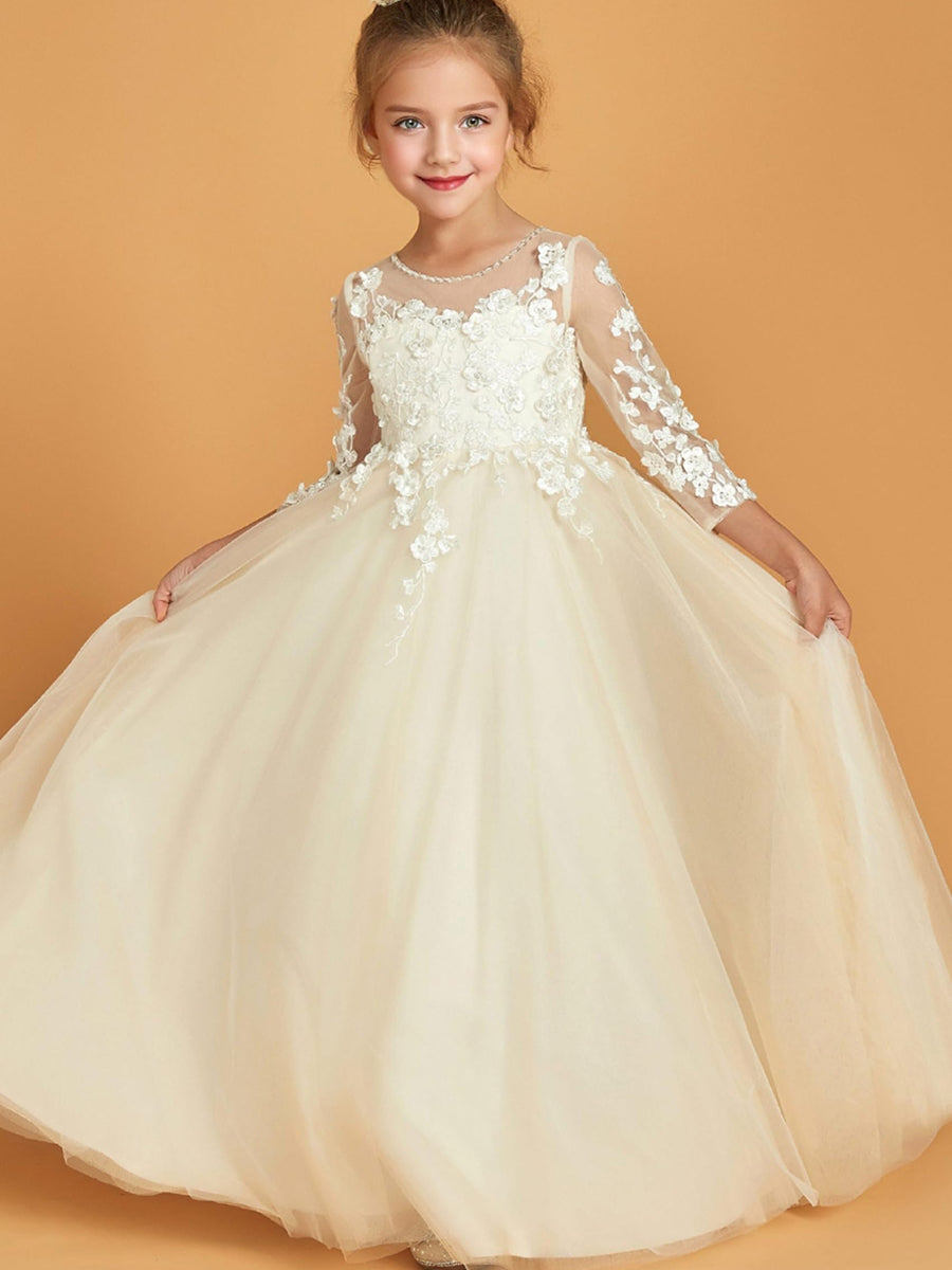 A-Line/Princess Scoop 3/4 Sleeves Flower Girl Dresses with Appliques & Pearl