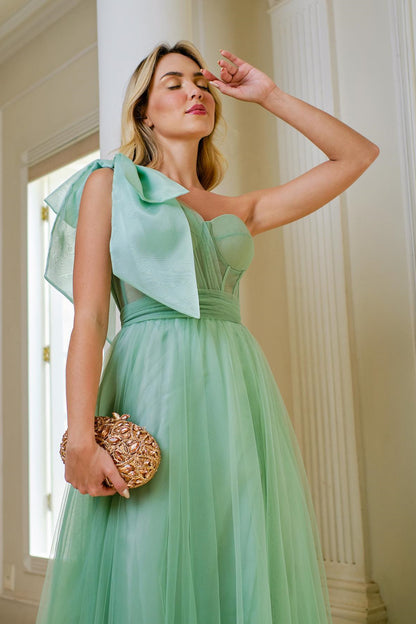 Sage Green One Shoulder Sweetheart Tulle Prom Dress With Split ED0254