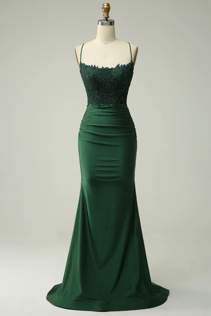 Mermaid Dark Green Long Prom Dress With Appliques Beadings ZT0570