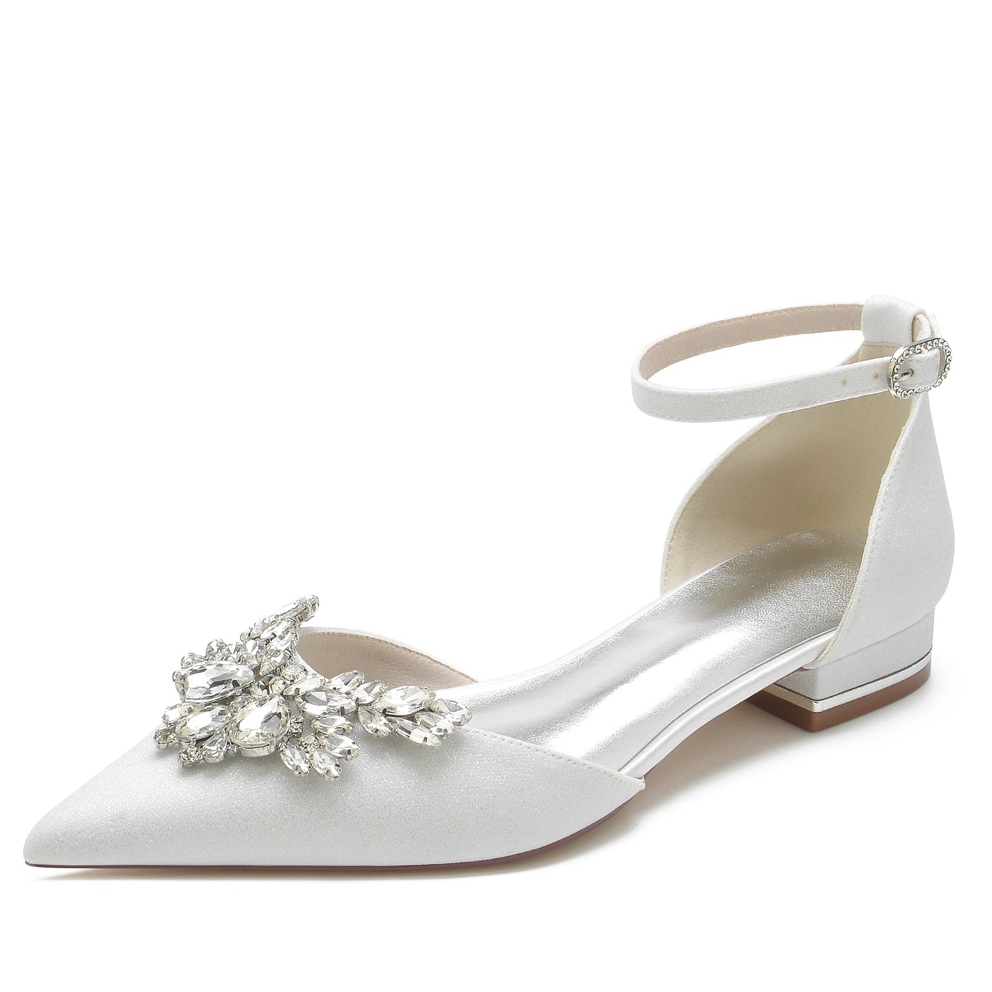 Women's Wedding Shoes Glitter Rhinestone Low Pointed Toe Ankle Strap Bridal Shoes