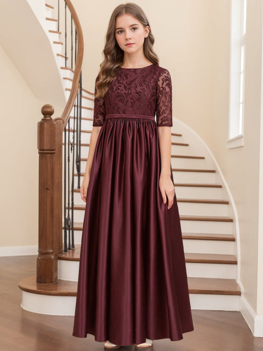 A-Line/Princess Half Sleeves Ankle-Length Lace Junior Girl Bridesmaid Dresses