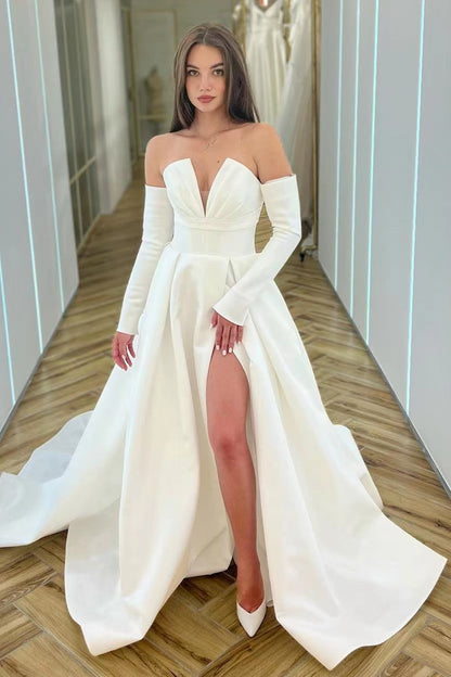 White Long Sleeves V-Neck A-Line Prom Dress With Split ED0247