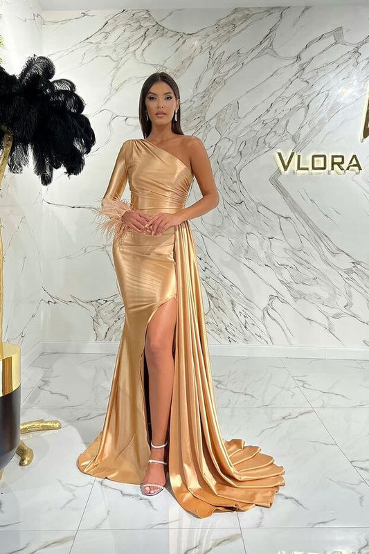 Elegant One Shoulder Long Sleeve Mermaid Prom Dress With Slit Feathers ED0405