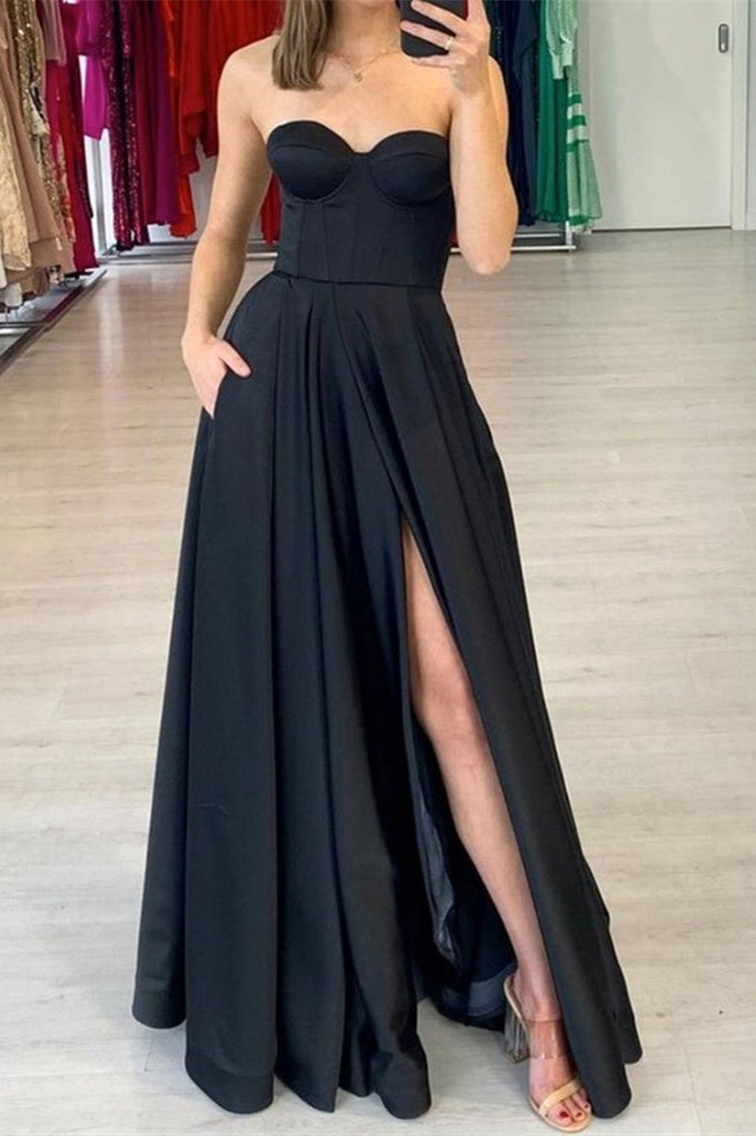 Black Sweetheart Prom Dress Split With Pockets PD0391