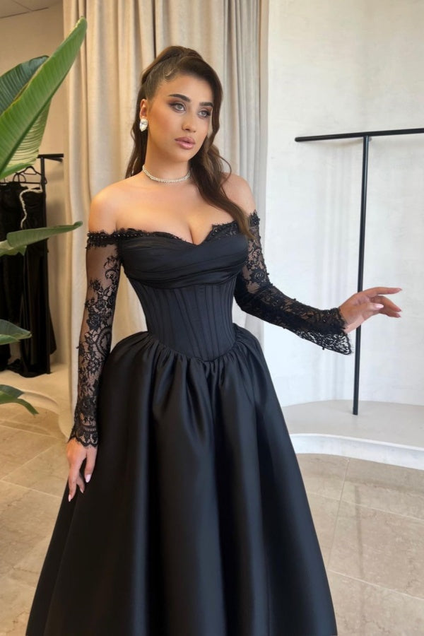 Black Lace Sleeves Strapless Prom Dress ZT0279