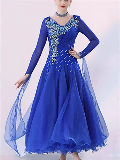 Women's Dancewear Ballroom Dance Dress Embroidery Splicing Crystals/Rhinestones Women's Performance Long Sleeve