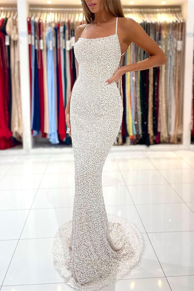 Spaghetti-Straps Sequins Mermaid Strapless Prom Dress With Open Back ED0045