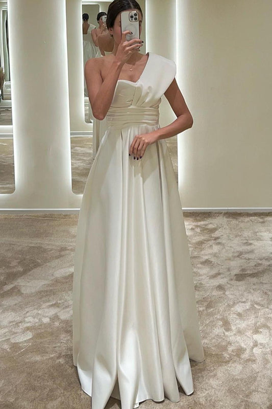 edgynewlook Glamorous White Satin One Shoulder Sleeveless Long Prom Dress with Pleated