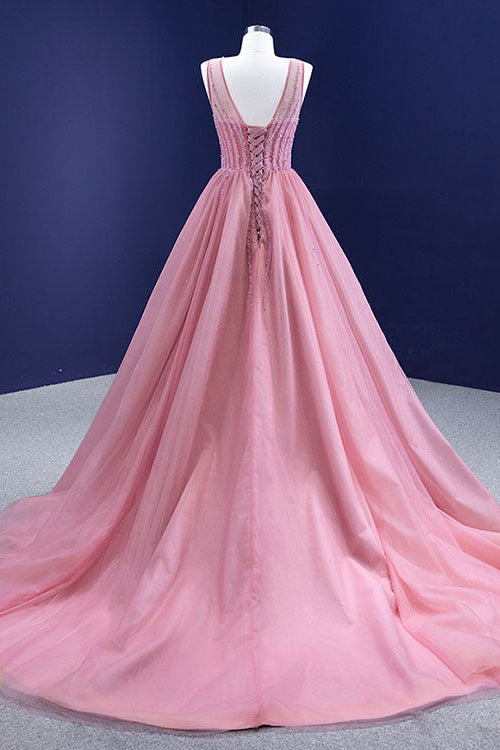 Edgynewlook Gorgeous Pink A-line Prom Dress Tulle With Sleeveless Beadings On Sale