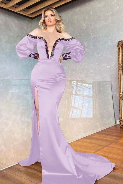 Purple V-Neck Mermaid Beadings Front Split Prom Dress Off-The-Shoulder With Long Sleeves ED0175