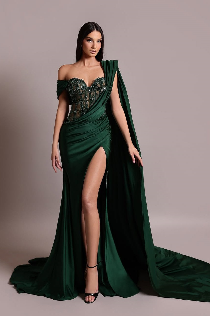 edgynewlook Dark Green Sleeveless Sweetheart Asymmetric Beadeds Mermaid Prom Dress