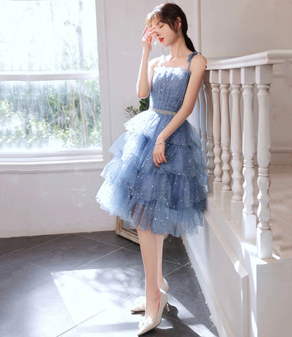 Blue tulle off shoulder prom dress homecoming dress  8896