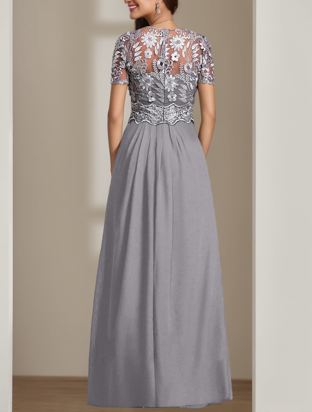 Stretch Chiffon Round Neck Short Sleeves Floor Length Mother of the Bride Pantsuits with Appliques Lace