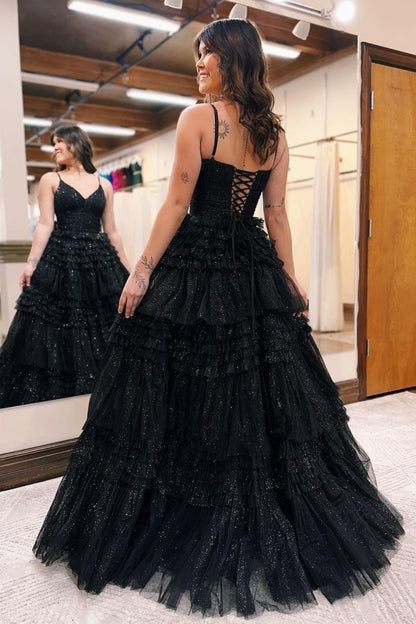 Long Black Tulle Prom Dress Sparkly V Neck Sleeveless Gown YH0003