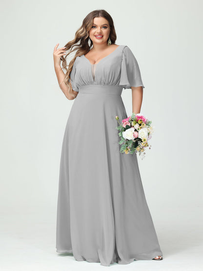 A-Line/Princess V-Neck Half Sleeves Chiffon Plus Size Bridesmaid Dresses with Pockets