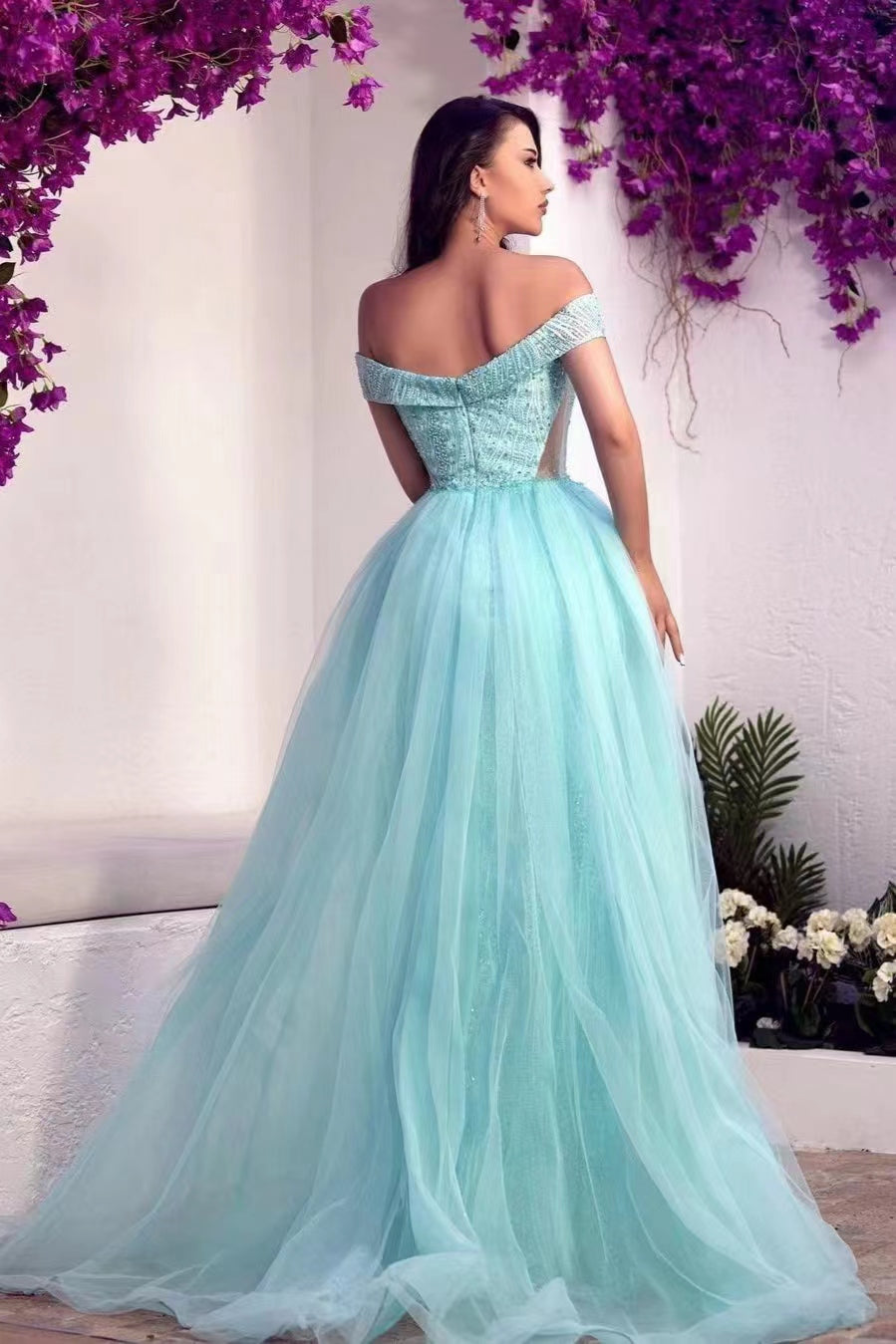 Glamorous Off-The-Shoulder Sweetheart Tulle Prom Dress Overskirt With Sequins Beads ED0386