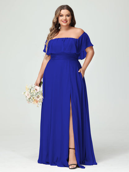 A-Line/Princess Off-the-Shoulder Short Sleeves Chiffon Plus Size Bridesmaid Dresses with Pockets & Split Side