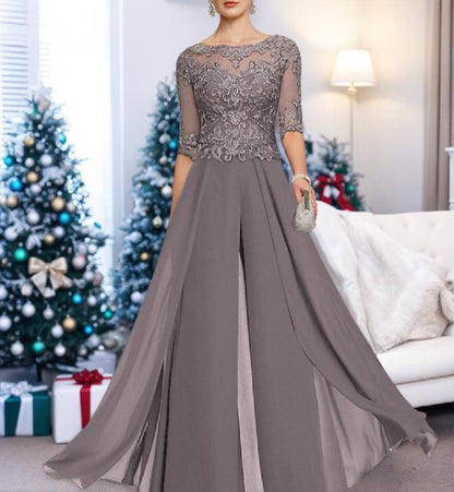 Chiffon Jewel Neck Half Sleeves Ankle-Length Mother of the Bride Pantsuits with Lace